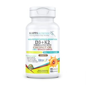 kappa nutrition vitamin d3 + k2 supplement with mct oil (coconut oil) (5000iu) vitamin d with 100mcg mk7 vitamin k, supports calcium for stronger bones & immune health, 120 vegan capsules for adults