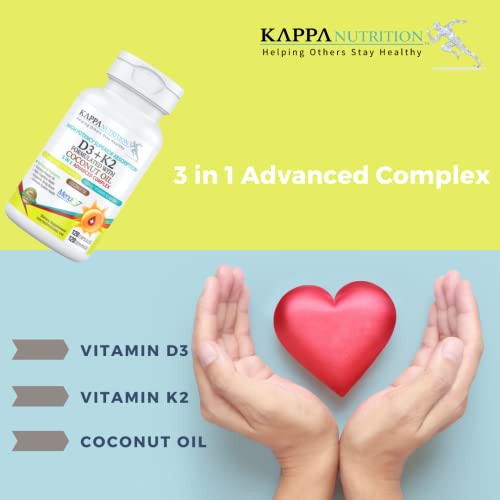 KAPPA NUTRITION Vitamin D3 + K2 Supplement with MCT Oil (Coconut Oil) (5000iu) Vitamin D with 100mcg Mk7 Vitamin K, Supports Calcium for Stronger Bones & Immune Health, 120 Vegan Capsules for Adults