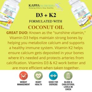 KAPPA NUTRITION Vitamin D3 + K2 Supplement with MCT Oil (Coconut Oil) (5000iu) Vitamin D with 100mcg Mk7 Vitamin K, Supports Calcium for Stronger Bones & Immune Health, 120 Vegan Capsules for Adults