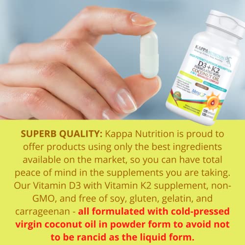 KAPPA NUTRITION Vitamin D3 + K2 Supplement with MCT Oil (Coconut Oil) (5000iu) Vitamin D with 100mcg Mk7 Vitamin K, Supports Calcium for Stronger Bones & Immune Health, 120 Vegan Capsules for Adults