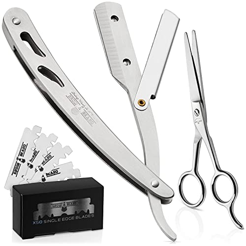 Straight Razor, Complete Straight Razors for Men Kit with 50 Single Blade Razors for Men and Scissors, Barber Supplies, Straight Edge Razor, Professional Barber Razor Blade (Silver)