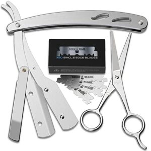 Straight Razor, Complete Straight Razors for Men Kit with 50 Single Blade Razors for Men and Scissors, Barber Supplies, Straight Edge Razor, Professional Barber Razor Blade (Silver)