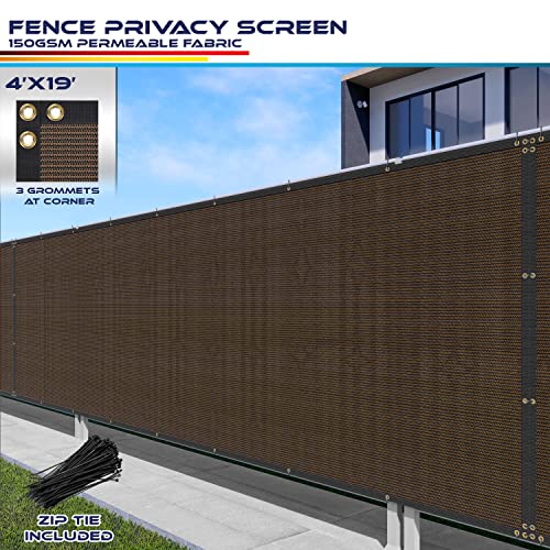 Windscreen4less Heavy Duty Fence Privacy Screen Brown 4' x 19' with Reinforced Bindings and Brass Grommets Garden Windscreen Mesh Net for Outdoor Yard-Cable Zip Ties Included