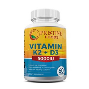 pristine foods vitamin k2 (mk7) with d3 ultra premium 2 in 1 support complex with bioperine (black pepper) | 60 veggie capsules | 5000 iu d3 cholecalciferol, 100mcg k2 | heart, bone and immune health