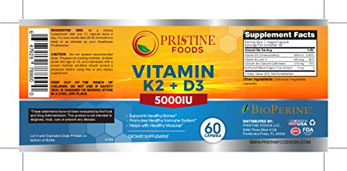 Pristine Foods Vitamin K2 (MK7) with D3 Ultra Premium 2 in 1 Support Complex with BioPerine (Black Pepper) | 60 Veggie Capsules | 5000 IU D3 Cholecalciferol, 100mcg K2 | Heart, Bone and Immune Health