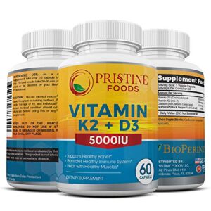 Pristine Foods Vitamin K2 (MK7) with D3 Ultra Premium 2 in 1 Support Complex with BioPerine (Black Pepper) | 60 Veggie Capsules | 5000 IU D3 Cholecalciferol, 100mcg K2 | Heart, Bone and Immune Health