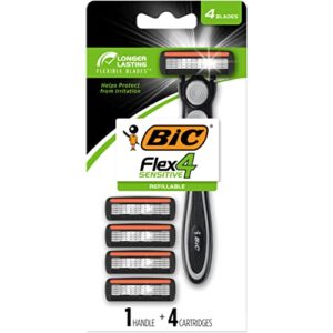 bic flex 4 refillable men’s disposable razors, for a smooth, ultra-close and comfortable shave, 1 handle and 4 cartridges, 5 piece razor set