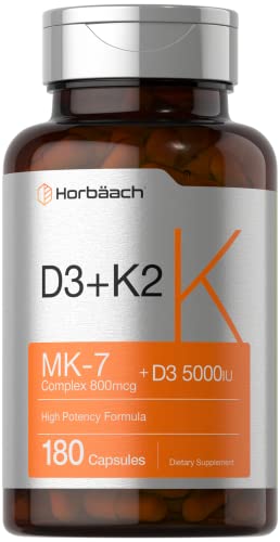 Vitamin K2 MK7 with D3 | 180 Capsules | 800 mcg Complex Plus MK4 | 5000 IU of D3 | Non-GMO, Gluten Free | Vitamin Supplement by Horbaach