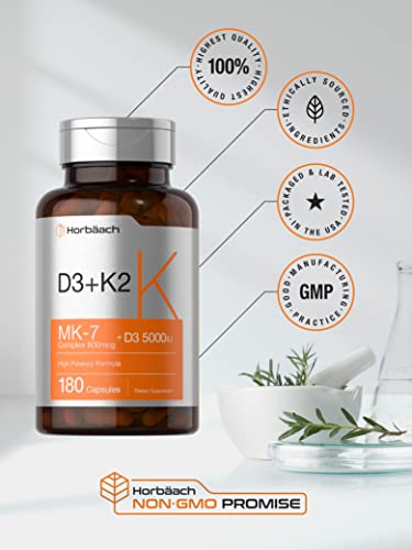 Vitamin K2 MK7 with D3 | 180 Capsules | 800 mcg Complex Plus MK4 | 5000 IU of D3 | Non-GMO, Gluten Free | Vitamin Supplement by Horbaach