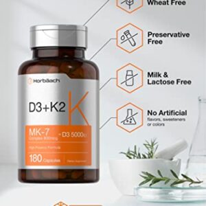 Vitamin K2 MK7 with D3 | 180 Capsules | 800 mcg Complex Plus MK4 | 5000 IU of D3 | Non-GMO, Gluten Free | Vitamin Supplement by Horbaach