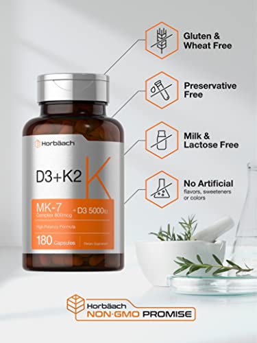 Vitamin K2 MK7 with D3 | 180 Capsules | 800 mcg Complex Plus MK4 | 5000 IU of D3 | Non-GMO, Gluten Free | Vitamin Supplement by Horbaach