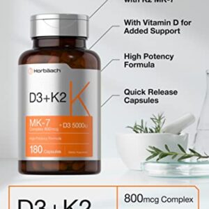 Vitamin K2 MK7 with D3 | 180 Capsules | 800 mcg Complex Plus MK4 | 5000 IU of D3 | Non-GMO, Gluten Free | Vitamin Supplement by Horbaach