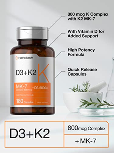 Vitamin K2 MK7 with D3 | 180 Capsules | 800 mcg Complex Plus MK4 | 5000 IU of D3 | Non-GMO, Gluten Free | Vitamin Supplement by Horbaach