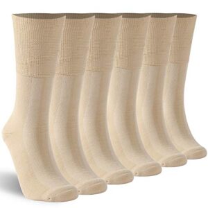 KitNSox Diabetic Socks Extra Wide Calf Women Men Elderly Soft Stretchy Breathable Crew Cushion Loose Top Dress No-Binding Socks 6 Pairs Beige L