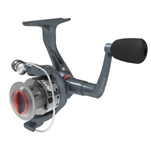 quantum optix spinning fishing reel, size 10 reel, changeable right- or left-hand retrieve, aluminum spool, stainless steel bail wire, 5.2:1 gear ratio, silver, clam packaging