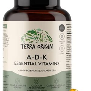 Terra Origin ADK Essential Vitamins - 60 High Potency Liquid Capsules, Vegan, Non-GMO, Gluten Free, Made in The USA.