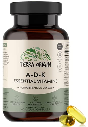 Terra Origin ADK Essential Vitamins - 60 High Potency Liquid Capsules, Vegan, Non-GMO, Gluten Free, Made in The USA.