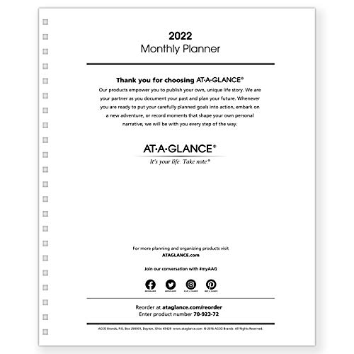 2022 Monthly Planner Refill for 70-236 or 70-296 by AT-A-GLANCE, 9" x 11", White (7092372)