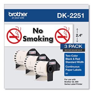 brother genuine dk-22513pk continuous length replacement labels, black/red label on white paper tape, engineered with excellence, 2.4â€ x 50 feet, (3) rolls per box (dk22513pk)