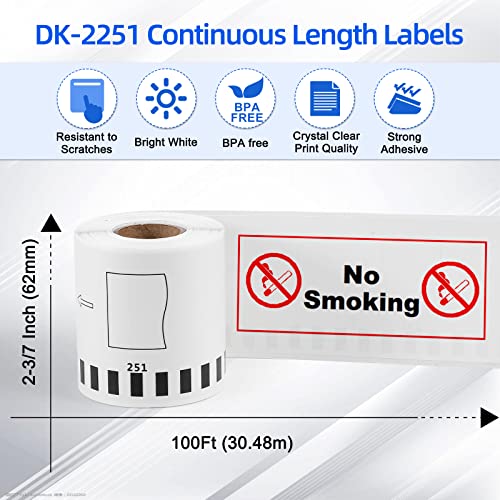 Compatible Brother DK-2251 Continuous Length Label Black/Red on White Paper Tape DK-22251 Replacement for Brother QL-820NWB QL 810W QL800, 2.4”x 50” , 6 Rolls + 1 Refillable Cartridges