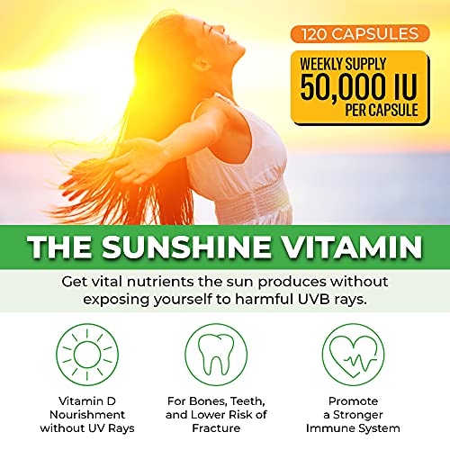 ForestLeaf - Vitamin D3 50,000 IU Weekly Supplement - 120 Vegetable Vitamin D Capsules for Bones, Teeth, and Immune Support - Easy Swallow Pure Vitamin D3 50000 IU- Non GMO Pills