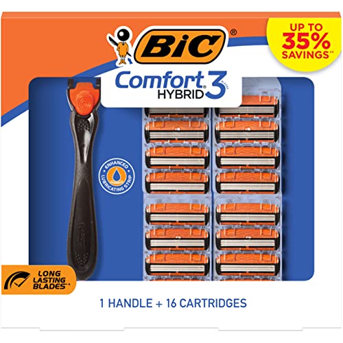 BIC Comfort 3 Hybrid Disposable Razors for Men, 1 Handle and 16 Cartridges With 3 Blades, 17 Piece Razor Kit for Men