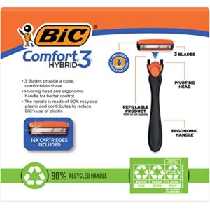 BIC Comfort 3 Hybrid Disposable Razors for Men, 1 Handle and 16 Cartridges With 3 Blades, 17 Piece Razor Kit for Men