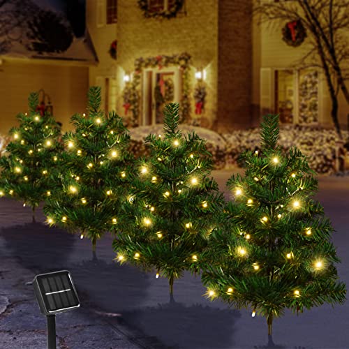 4-Pack Christmas Tree Solar Pathway Lights Outdoor Waterproof Garden Stake Lights Holiday Decor for Patio Yard Driveway