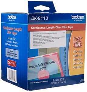 brother genuine dk-2113 continuous length black on clear film tape for brother ql label printers, 2.4″ x 50′ (62mm x 15.2m), 1 roll per box, dk2113