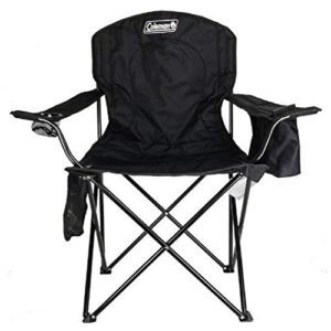 coleman camp chair with 4-can cooler | folding beach chair with built in drinks cooler | portable quad chair with armrest cooler for tailgating, camping & outdoors , black, roomy seat: 24″