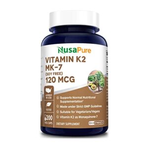 nusapure vitamin k2 mk7 120 mcg 200 veggie caps (non-gmo, vegan & gluten free)