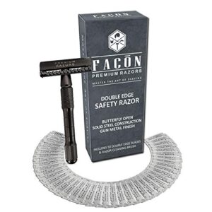 50 blades + facón classic long handle double edge safety razor – platinum japanese stainless steel blades – butterfly open shaving razor for smooth wet shaving experience – 200+ shaves