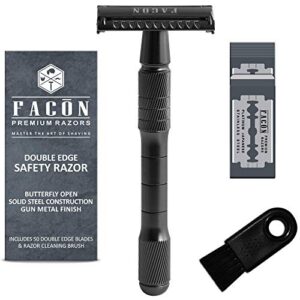 50 BLADES + Facón Classic Long Handle Double Edge Safety Razor - Platinum Japanese Stainless Steel Blades - Butterfly Open Shaving Razor for Smooth Wet Shaving Experience - 200+ Shaves