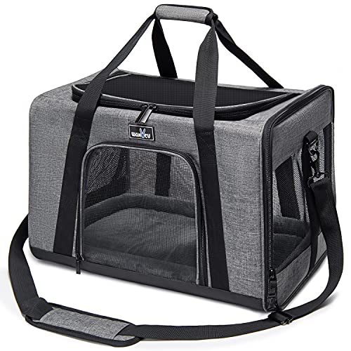 Wakytu Pet Carrier for Medium Large Cats and Dogs, Dog Carrier Travel Bag with Adequate Ventilation, 5 Mesh Windows, 3 Entrance, Locking Safety Zippers, Padded Shoulder and Carrying Strap, Large