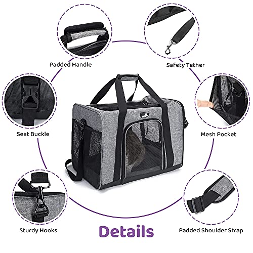 Wakytu Pet Carrier for Medium Large Cats and Dogs, Dog Carrier Travel Bag with Adequate Ventilation, 5 Mesh Windows, 3 Entrance, Locking Safety Zippers, Padded Shoulder and Carrying Strap, Large