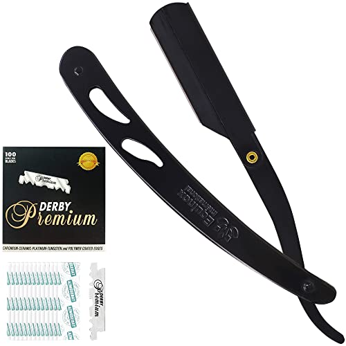 Equinox Professional Straight Edge Razor with 100 Single Derby Straight Razor Blades-Barber Straight Razor-Close Shaving Men's Manual Shaver-Disposable Straight Razor Blades-Straight Razor Kit-Black