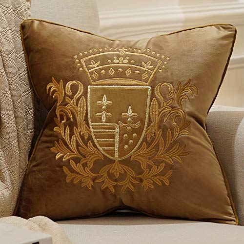 Avigers 20 x 20 Inch Embroidery Velvet Cushion Cover Shield Luxury European Pillow Case Pillowcase Home Decorative for Sofa Chair Bedroom Throw Pillow, Brown