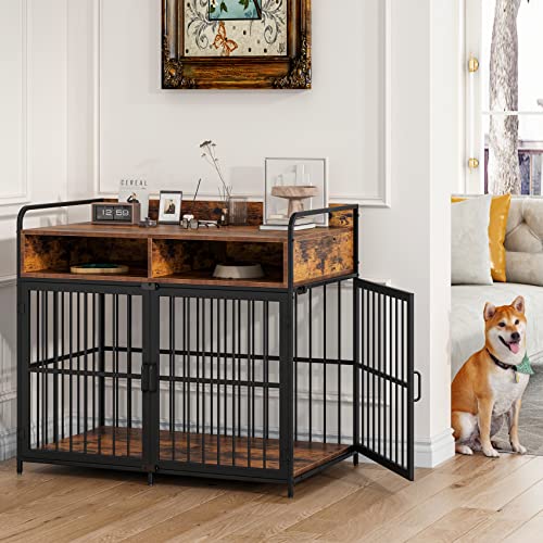 Saudism Large Dog Crate Furniture, Dog Kennel Indoor, Wood Dog Cage Table with Drawers Storage, Heavy Duty Dog Crate, Jaula para Perros, Sturdy Metal, 40.5" L×23.6" W×35.4" H