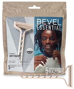 bevel essential disposable safety razors for men, double edge stainless steel blade helps prevent nicks and razor bumps, travel essentials, 5 count