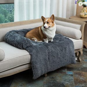 coohom calming dog bed pet couch protector dog cat bed mats for furniture with removable washable cover,plush sofa cover cushion with soft neck bolster (medium 36″, grey)