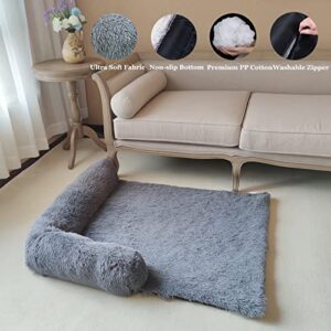 Coohom Calming Dog Bed Pet Couch Protector Dog Cat Bed Mats for Furniture with Removable Washable Cover,Plush Sofa Cover Cushion with Soft Neck Bolster (Medium 36", Grey)