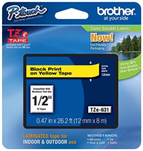 brother genuine p-touch tze-631 tape, 1/2″ (0.47″) standard laminated p-touch tape, black on yellow, laminated for indoor or outdoor use, water resistant, 26.2 feet (8m), single-pack