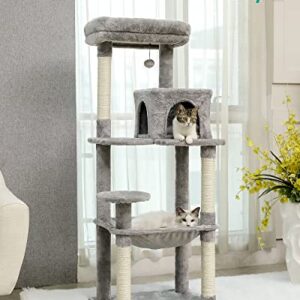 PETEPELA 56.3 Inches Cat Tree for Indoor Cats Multi-Level Cat Tower with Sisal Covered Scratching Posts, Cozy Condo, Super Large Hammock and Plush Perches Grey