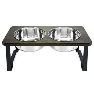 siooko elevated dog bowls for large dogs, wood raised dog bowl stand with 2 stainless steel dog bowls, dog food bowl and dog water bowl non-slip feet (7.7″ tall, 58 oz bowl)