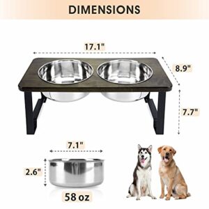 Siooko Elevated Dog Bowls for Large Dogs, Wood Raised Dog Bowl Stand with 2 Stainless Steel Dog Bowls, Dog Food Bowl and Dog Water Bowl Non-Slip Feet (7.7" Tall, 58 oz Bowl)