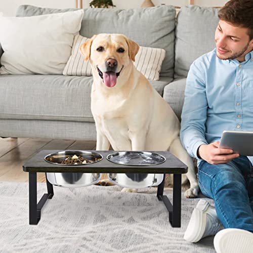 Siooko Elevated Dog Bowls for Large Dogs, Wood Raised Dog Bowl Stand with 2 Stainless Steel Dog Bowls, Dog Food Bowl and Dog Water Bowl Non-Slip Feet (7.7" Tall, 58 oz Bowl)