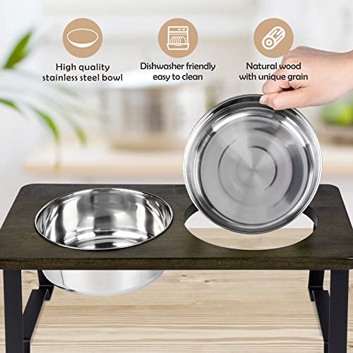 Siooko Elevated Dog Bowls for Large Dogs, Wood Raised Dog Bowl Stand with 2 Stainless Steel Dog Bowls, Dog Food Bowl and Dog Water Bowl Non-Slip Feet (7.7" Tall, 58 oz Bowl)