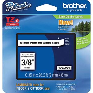 Brother Genuine P-touch TZE-221 Tape, 3/8" (0.35") Standard Laminated P-touch Tape, Black on White, Laminated for Indoor or Outdoor Use, Water Resistant, 26.2 Feet (8M), Single-Pack