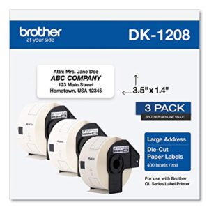 brother genuine dk-1208 die-cut large address labels, long lasting reliability, die-cut large address paper labels, 400 labels per roll, (1) roll per box – dk1208, white (dk12083pk)