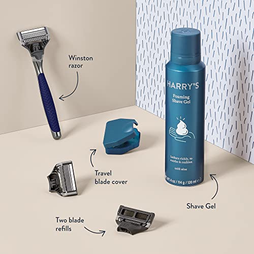 Harry's Razors for Men - Winston Shaving Set 5 Blade Razors with Lubricating Strip & Precision Trimmer, 3 Razor Blade Refills, Travel Blade Cover, and 4 Oz Shave Gel